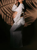 White 2 Piece Crochet Mesh Backless Flare Sleeve Bodycon Vacation Beach Photoshoot Baby Shower Maternity Maxi Dress Maternity
