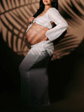White 2 Piece Crochet Mesh Backless Flare Sleeve Bodycon Vacation Beach Photoshoot Baby Shower Maternity Maxi Dress Maternity