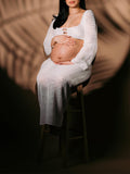 White 2 Piece Crochet Mesh Backless Flare Sleeve Bodycon Vacation Beach Photoshoot Baby Shower Maternity Maxi Dress Maternity