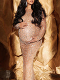 Sparkly Diamond Rhinestone Mesh Slit Long Sleeve Mermaid Sheer Maternity Photoshoot Elegant Baby Shower Party Maxi Dress Maternity