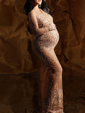 Sparkly Diamond Rhinestone Mesh Slit Long Sleeve Mermaid Sheer Maternity Photoshoot Elegant Baby Shower Party Maxi Dress Maternity