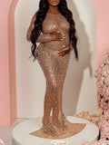 Sparkly Diamond Rhinestone Mesh Slit Long Sleeve Mermaid Sheer Maternity Photoshoot Elegant Baby Shower Party Maxi Dress Maternity