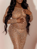 Sparkly Diamond Rhinestone Mesh Slit Long Sleeve Mermaid Sheer Maternity Photoshoot Elegant Baby Shower Party Maxi Dress Maternity