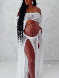 Chic White Two Piece Falbala Slits On Both Sides Transparent Off Shoulder Flowy Beach Maternity Photoshoot Maxi Dress Maternity