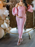 Pink Off Shoulder Bandeau Ribbed Pleated Bodycon Puff Sleeve Evening Gown Baby Shower Maternity Maxi Dress Maternity