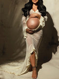 Ivory Sheer Ruffle Cut Out Crop Slit Falbala Deep V-neck Mermaid Elegant Maternity Photoshoot Maxi Dress Maternity