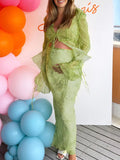 2 Piece Mesh Print Ruffle Tie Slit Flare Sleeve Vacation Photoshoot Baby Shower Maternity Maxi Dress Maternity