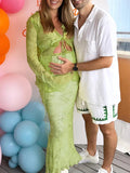 2 Piece Mesh Print Ruffle Tie Slit Flare Sleeve Vacation Photoshoot Baby Shower Maternity Maxi Dress Maternity