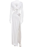 White 2 Pieces Ruched Drawstring Knot Side Slit Backless V-neck Baby Shower Photoshoot Maternity Maxi Dress Maternity