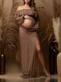 Khaki 2 Pieces Tassel Cut Out Side Slit Beach Photoshoot Maternity Maxi Dress Maternity