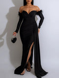Off Shoulder Split Trailing Ruched Baceless Evening Babyshower Maternity Maxi Dress Maternity