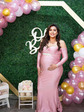 Pink Off Shoulder Long Sleeve High Split Bodycon Baby Shower Party Gown Pregnancy Maternity Maxi Dress Maternity