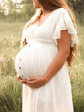 White Deep V Neck Button Down Boho Beach Bikini Cover Up Dress Party Photoshoot Maternity Dress Maternity