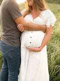 White Deep V Neck Button Down Boho Beach Bikini Cover Up Dress Party Photoshoot Maternity Dress Maternity