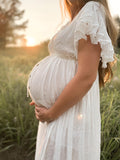 White Deep V Neck Button Down Boho Beach Bikini Cover Up Dress Party Photoshoot Maternity Dress Maternity