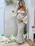 White Lace Corset Square Neck Flare Sleeve Off Shoulder Bodycon Elegant Cocktail Party Maternity Photoshoot Baby Shower Maxi Dress Maternity