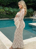 White Lace Corset Square Neck Flare Sleeve Off Shoulder Bodycon Elegant Cocktail Party Maternity Photoshoot Baby Shower Maxi Dress Maternity