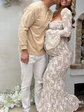 White Lace Corset Square Neck Flare Sleeve Off Shoulder Bodycon Elegant Cocktail Party Maternity Photoshoot Baby Shower Maxi Dress Maternity