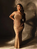 Apricot Sheer Rhinestone Diamond Cami Bodycon Fashion Party Club Maternity Photoshoot Baby Shower Maxi Dress Maternity
