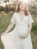 Boho Lace White V-Neck Short Sleeve Ruffle Embroidery High Waist Photoshoot Maternity Maxi Dress Maternity