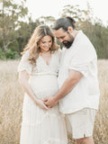 Boho Lace White V-Neck Short Sleeve Ruffle Embroidery High Waist Photoshoot Maternity Maxi Dress Maternity