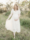 Boho Lace White V-Neck Short Sleeve Ruffle Embroidery High Waist Photoshoot Maternity Maxi Dress Maternity