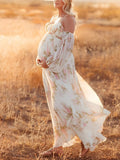White Floral Cut Out Off Shoulder Backless Cami Big Swing Elegant Vacation Maternity Hobo Photoshoot Baby Shower Maxi Dress Maternity