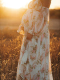 White Floral Cut Out Off Shoulder Backless Cami Big Swing Elegant Vacation Maternity Hobo Photoshoot Baby Shower Maxi Dress Maternity