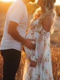 White Floral Cut Out Off Shoulder Backless Cami Big Swing Elegant Vacation Maternity Hobo Photoshoot Baby Shower Maxi Dress Maternity