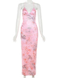 Spaghetti Strap Backless cami Printing Butterfly Bodycon Chic Maternity Maxi Dress Maternity