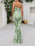 Spaghetti Strap Backless Floral Printing Lace-up Bandage Mermaid Bodycon Vacation Maternity Maxi Dress Maternity