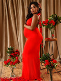 Red Backless 3D Flower Cascading Ruffle Spaghetti Strap Cami Mermaid Bodycon Party Photoshoot Maternity Maxi Dress Maternity