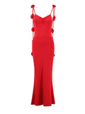 Red Backless 3D Flower Cascading Ruffle Spaghetti Strap Cami Mermaid Bodycon Party Photoshoot Maternity Maxi Dress Maternity