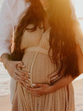 V-Neck Linen Cotton Bohemian Backless Thigh High Side Slits Tassel Vacation Photoshoot Maternity Maxi Dress Maternity