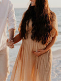 V-Neck Linen Cotton Bohemian Backless Thigh High Side Slits Tassel Vacation Photoshoot Maternity Maxi Dress Maternity
