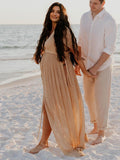 V-Neck Linen Cotton Bohemian Backless Thigh High Side Slits Tassel Vacation Photoshoot Maternity Maxi Dress Maternity