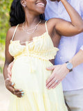 Solid Color Ruffle Backless Spaghetti Strap Cut Out Tassel Drawstring Babyshower Maternity Maxi Dress Maternity
