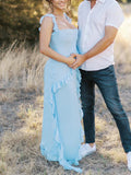 Solid Color Ruffled Side Slit Tank Square Neck Elegant Maternity Maxi Dress Maternity