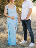 Solid Color Ruffled Side Slit Tank Square Neck Elegant Maternity Maxi Dress Maternity