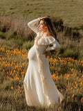 Apricot Off Shoulder Side Slit Ruffle Falbala Draped Elegant Going Out Maternity Photoshoot Baby Shower Maxi Dress Maternity