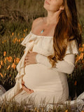 Apricot Off Shoulder Side Slit Ruffle Falbala Draped Elegant Going Out Maternity Photoshoot Baby Shower Maxi Dress Maternity