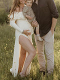 Apricot Off Shoulder Side Slit Ruffle Falbala Draped Elegant Going Out Maternity Photoshoot Baby Shower Maxi Dress Maternity