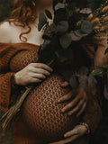 Coffee Color V-Neck Knitting Cut Out Beach Vacation Photoshoot Maternity Maxi Dress Maternity