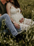 Lace Bohemian Spaghetti Strap Tassel Backless V-Neck Photoshoot Maternity Maxi Dress Maternity