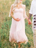 Light Pink Polka Dot Bow Ruffle Falbala Tie-Shoulder A-line Tulle Princess Dress Maxi Dress Maternity