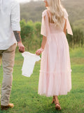 Light Pink Polka Dot Bow Ruffle Falbala Tie-Shoulder A-line Tulle Princess Dress Maxi Dress Maternity