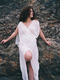 White Irregular Side Slit Off Shoulder Deep V-neck Flowy Beach Cover Up Elegant Vacation Maternity Photoshoot Baby Shower Maxi Dress Maternity
