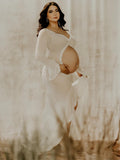 White Ruffle Cut Out Crop Irregular Split Sheer Vacation Dress Bodycon Photoshoot Maternity Maxi Dress Maternity