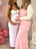 White Lace Trim Cupped Tie Front Cami Bodycon Elegant Cocktail Party Maternity Photoshoot Baby Shower Maxi Dress Maternity