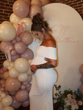 White Ruched Off Shoulder Backless Bodycon Elegant Cocktail Party Gown Maternity Photoshoot Baby Shower Maxi Dress Maternity